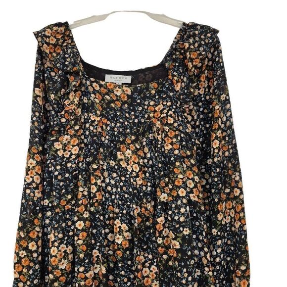 Hayden Women's Black/Orange/Ivory Poly Floral Lined Long Sleeve Dress - Picture 8 of 16